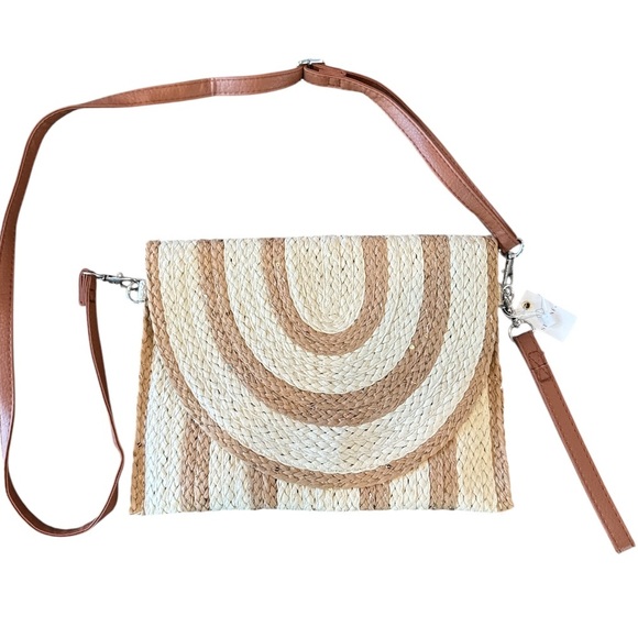 Cream & Tan Two Tone Straw & Sequin Clutch Wristlet or Crossbody Bag NWT - Picture 11 of 13